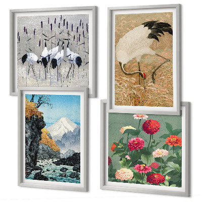 Composizione di 4 quadri Montagne, fiume, fiori, gru