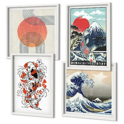 Galleria a parete illustrazioni artistiche di pesci che compongono montagne in stile giapponese