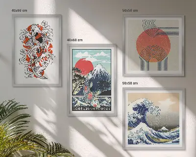 Galleria a parete illustrazioni artistiche di pesci che compongono montagne in stile giapponese