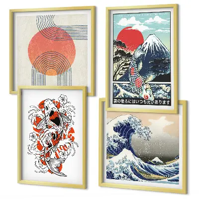 Galleria a parete illustrazioni artistiche di pesci che compongono montagne in stile giapponese