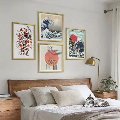 Galleria a parete illustrazioni artistiche di pesci che compongono montagne in stile giapponese