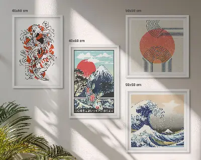 Galleria a parete illustrazioni artistiche di pesci che compongono montagne in stile giapponese