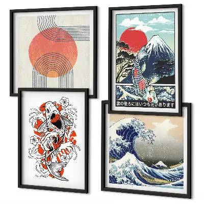 Galleria a parete illustrazioni artistiche di pesci che compongono montagne in stile giapponese