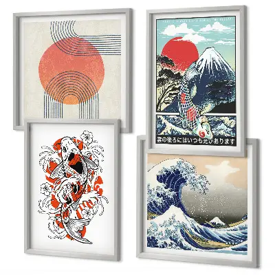 Galleria a parete illustrazioni artistiche di pesci che compongono montagne in stile giapponese
