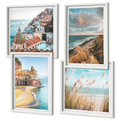 Composizione di 4 quadri Paesaggi spiaggia città scogliere