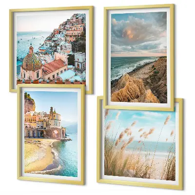 Composizione di 4 quadri con paesaggi di spiagge città e scogliere