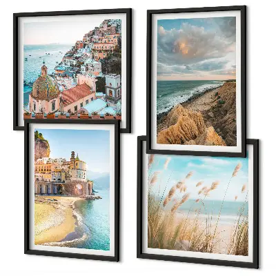 Composizione di 4 quadri con paesaggi di spiagge città e scogliere