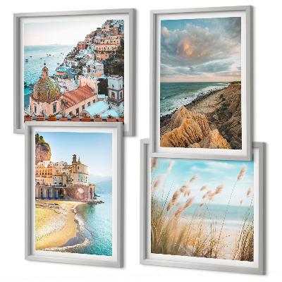 Composizione di 4 quadri Paesaggi spiaggia città scogliere