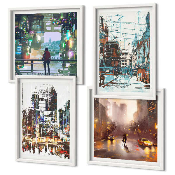 Composizione di 4 quadri Città moderne e colorate con personaggi
