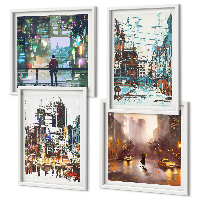Composizione di 4 quadri Città moderne e colorate con personaggi