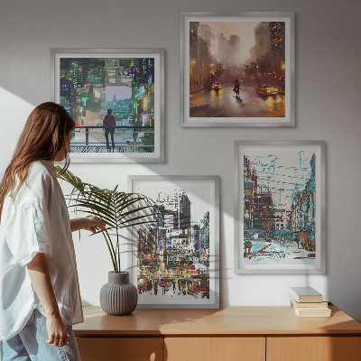 Composizione di 4 quadri Città moderne e colorate con personaggi