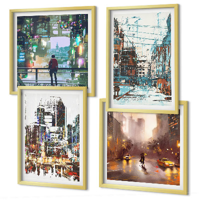 Composizione di 4 quadri Città moderne e colorate con personaggi