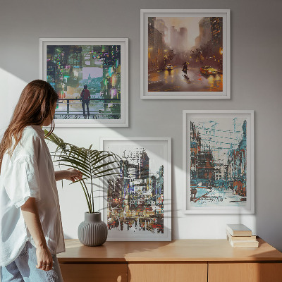 Composizione di 4 quadri Città moderne e colorate con personaggi