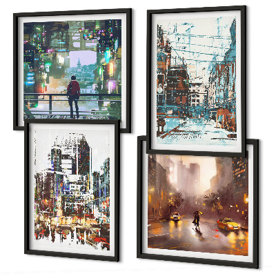 Composizione di 4 quadri Città moderne e colorate con personaggi