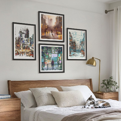 Composizione di 4 quadri Città moderne e colorate con personaggi