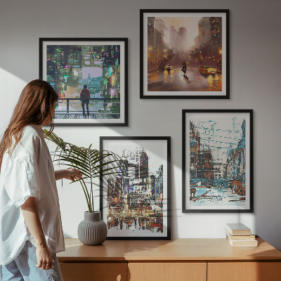 Composizione di 4 quadri Città moderne e colorate con personaggi