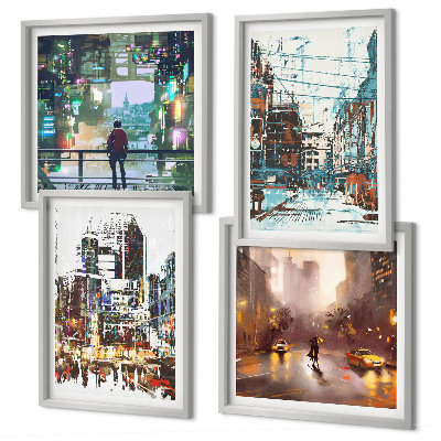 Composizione di 4 quadri Città moderne e colorate con personaggi