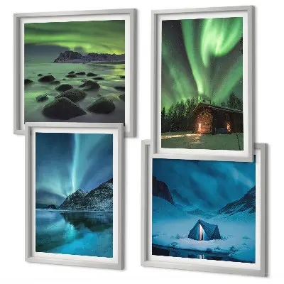 Galleria a parete paesaggi invernali con aurora boreale e montagne