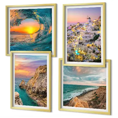 Galleria a parete con soggetto onde del mare e case bianche di Santorini