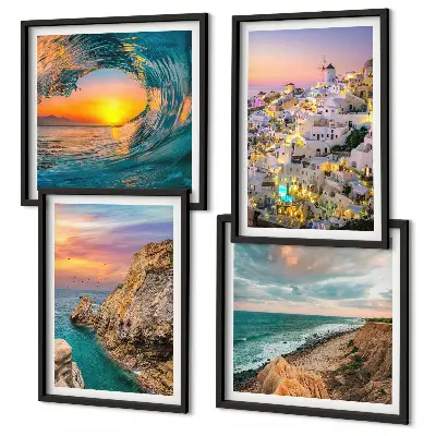 Galleria a parete con soggetto onde del mare e case bianche di Santorini