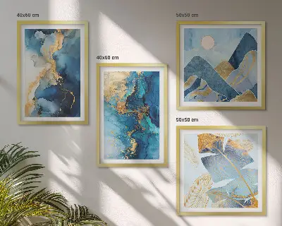 Polittico montagne blu con motivi dorati e cornice