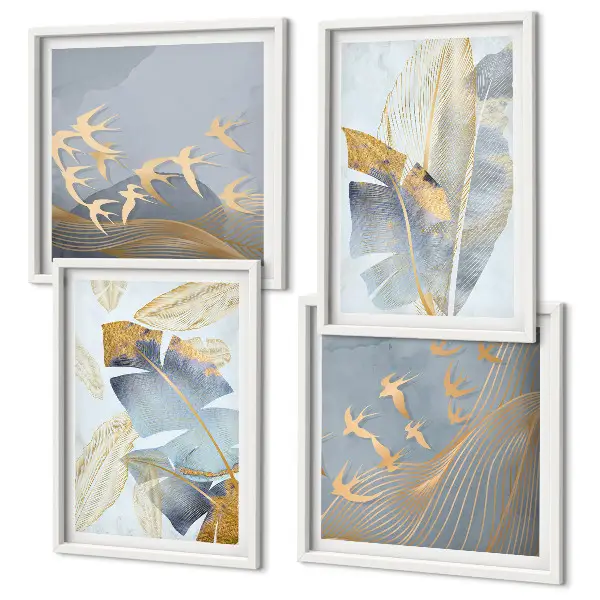 Composizione di 4 quadri con foglie blu e beige su sfondo neutro