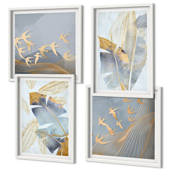 Composizione di 4 quadri Foglie blu-beige sullo sfondo