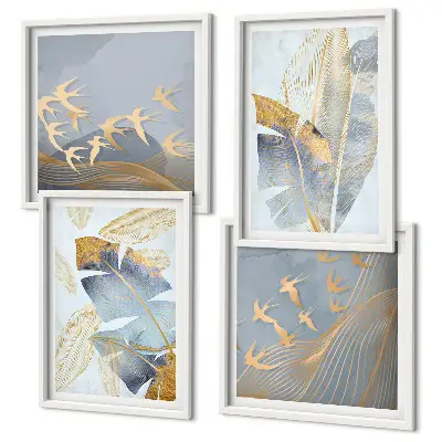 Composizione di 4 quadri con foglie blu e beige su sfondo neutro