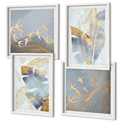 Composizione di 4 quadri Foglie blu-beige sullo sfondo