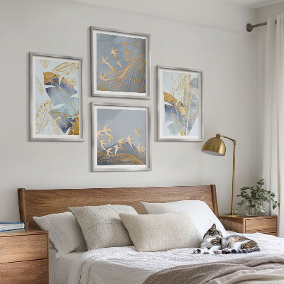 Composizione di 4 quadri Foglie blu-beige sullo sfondo