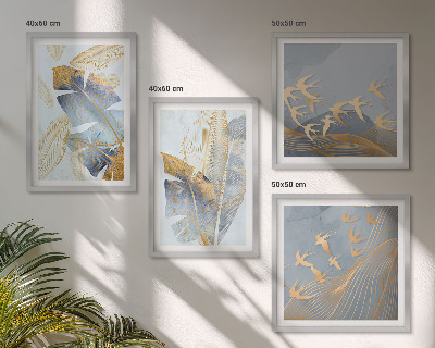 Composizione di 4 quadri Foglie blu-beige sullo sfondo