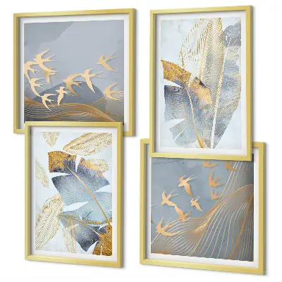 Composizione di 4 quadri con foglie blu e beige su sfondo neutro