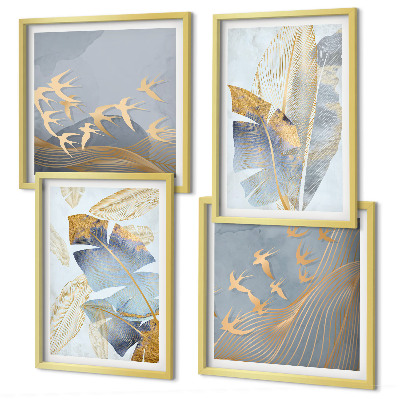 Composizione di 4 quadri Foglie blu-beige sullo sfondo