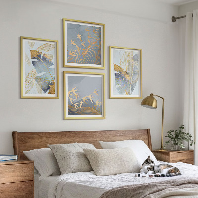 Composizione di 4 quadri Foglie blu-beige sullo sfondo