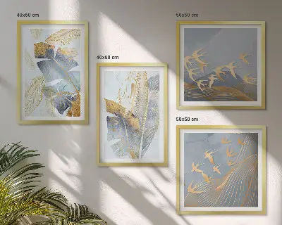 Composizione di 4 quadri con foglie blu e beige su sfondo neutro
