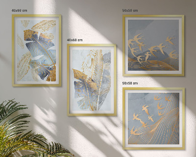 Composizione di 4 quadri Foglie blu-beige sullo sfondo