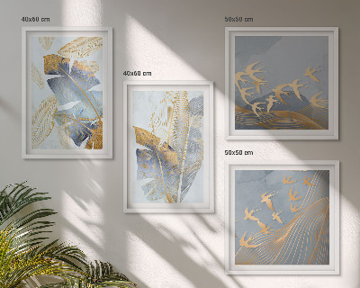 Composizione di 4 quadri Foglie blu-beige sullo sfondo