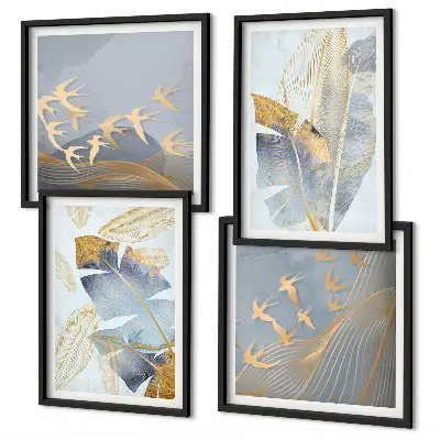 Composizione di 4 quadri con foglie blu e beige su sfondo neutro