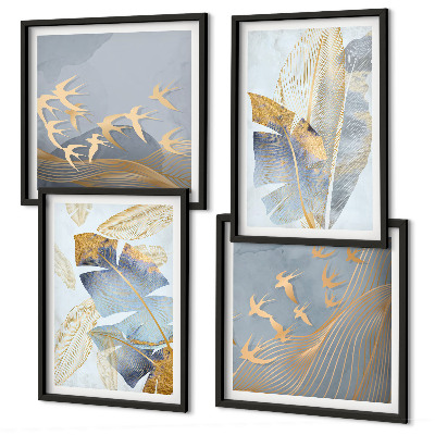 Composizione di 4 quadri Foglie blu-beige sullo sfondo