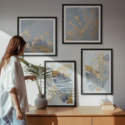 Composizione di 4 quadri Foglie blu-beige sullo sfondo