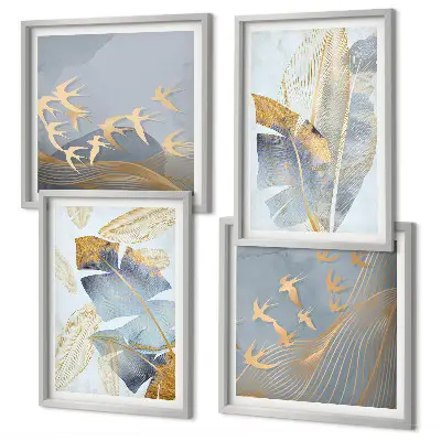 Composizione di 4 quadri con foglie blu e beige su sfondo neutro