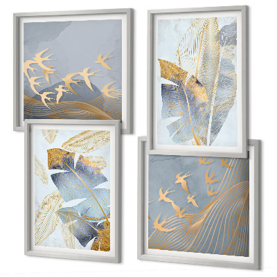 Composizione di 4 quadri Foglie blu-beige sullo sfondo