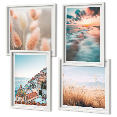Polittico con cornice tramonto sul mare case fiori