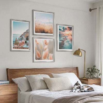 Polittico con cornice tramonto sul mare case fiori