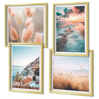 Polittico con cornice tramonto sul mare case fiori
