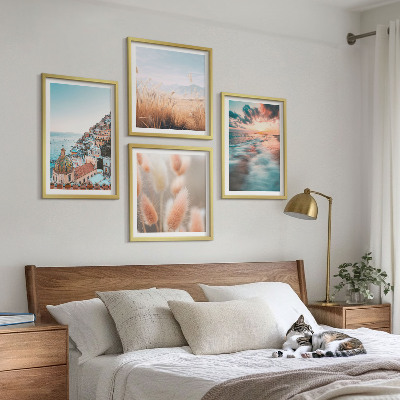 Polittico con cornice tramonto sul mare case fiori