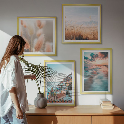 Polittico con cornice tramonto sul mare case fiori