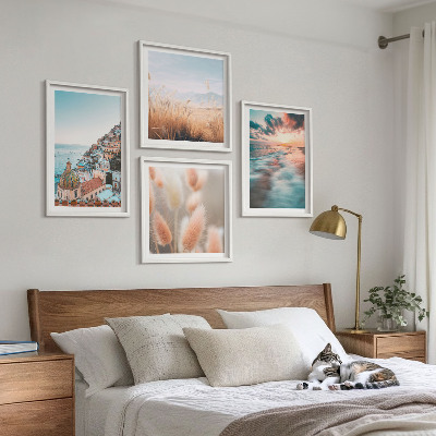 Polittico con cornice tramonto sul mare case fiori