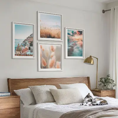 Polittico con cornice tramonto sul mare con case e fiori