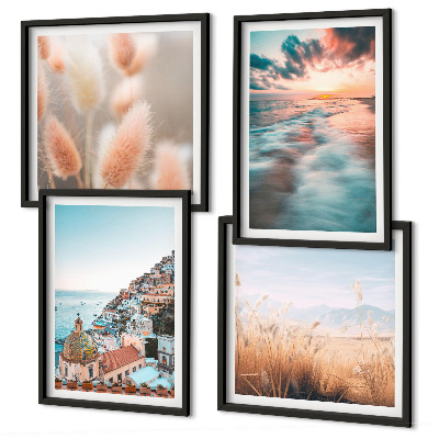 Polittico con cornice tramonto sul mare case fiori